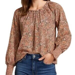 Evereve Celeste Chiffon Floral Top L Blouse Smocked Cuffs Keyhole Feminine Fall